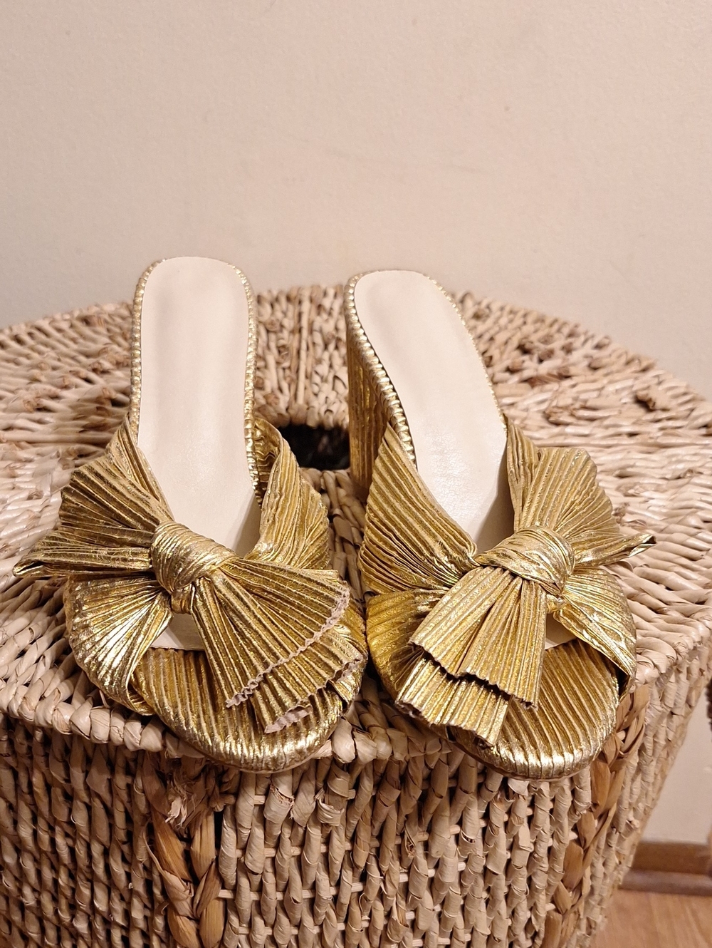 Metallic Gold Pleated Bow Mule Heels - Women